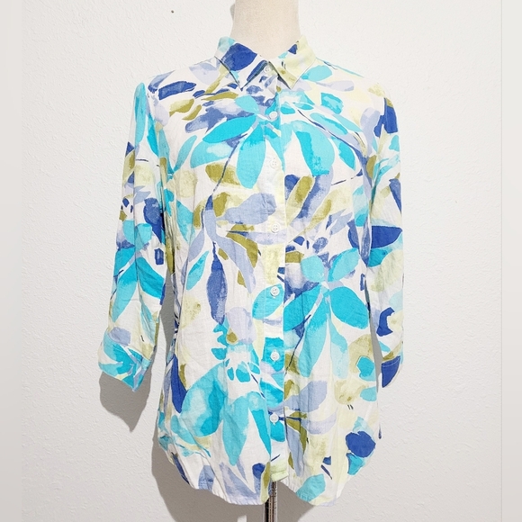 Cathy Daniels Women's Floral Linen Blend Button Blouse 3/4 Sleeve Size Medium - Picture 1 of 9